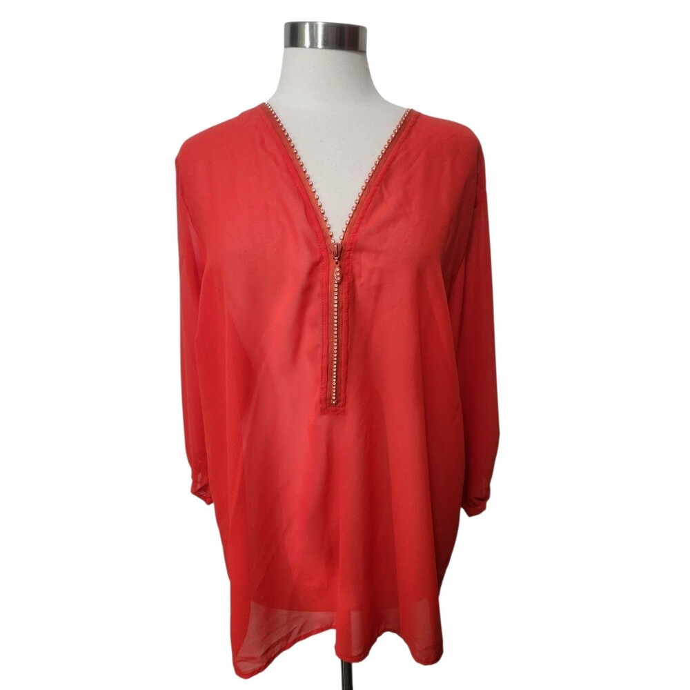 Rouge Collection womens SHEER Tunic Top 2X Orange Red Rhinestone Zippers Boho